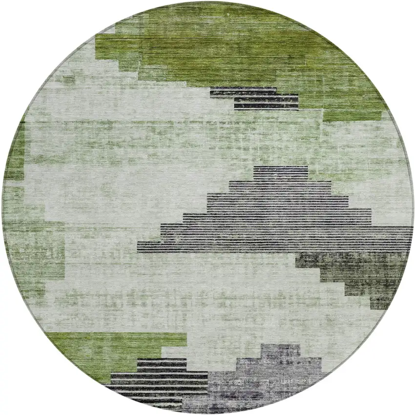 8' Fern Green Ivory And Charcoal Round Geometric Washable Indoor Outdoor Area Rug Photo 1