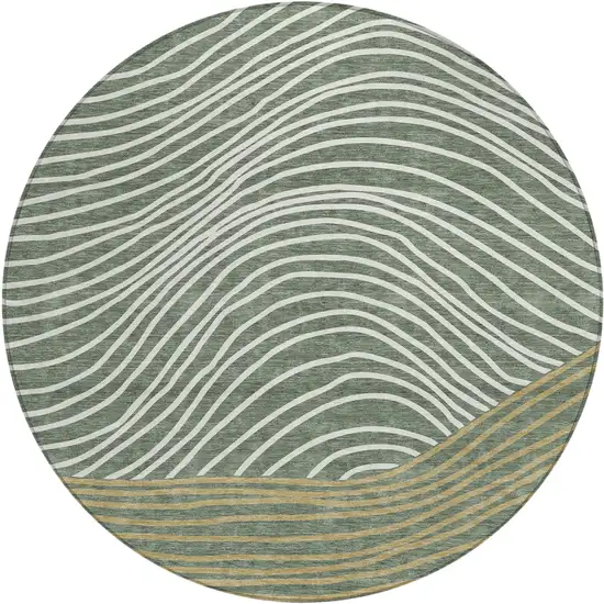 8' Fern Green Ivory And Gold Round Striped Washable Indoor Outdoor Area Rug Photo 2