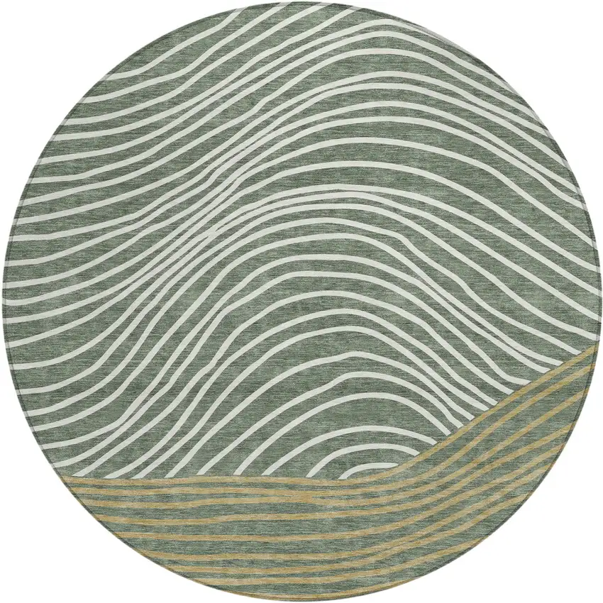 8' Fern Green Ivory And Gold Round Striped Washable Indoor Outdoor Area Rug Photo 2