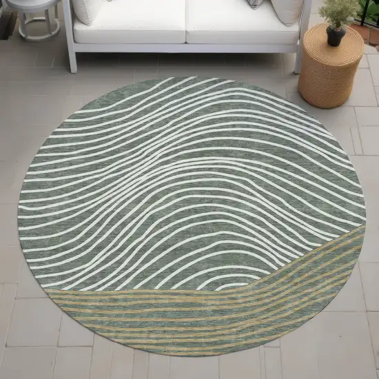 8' Fern Green Ivory And Gold Round Striped Washable Indoor Outdoor Area Rug Photo 8