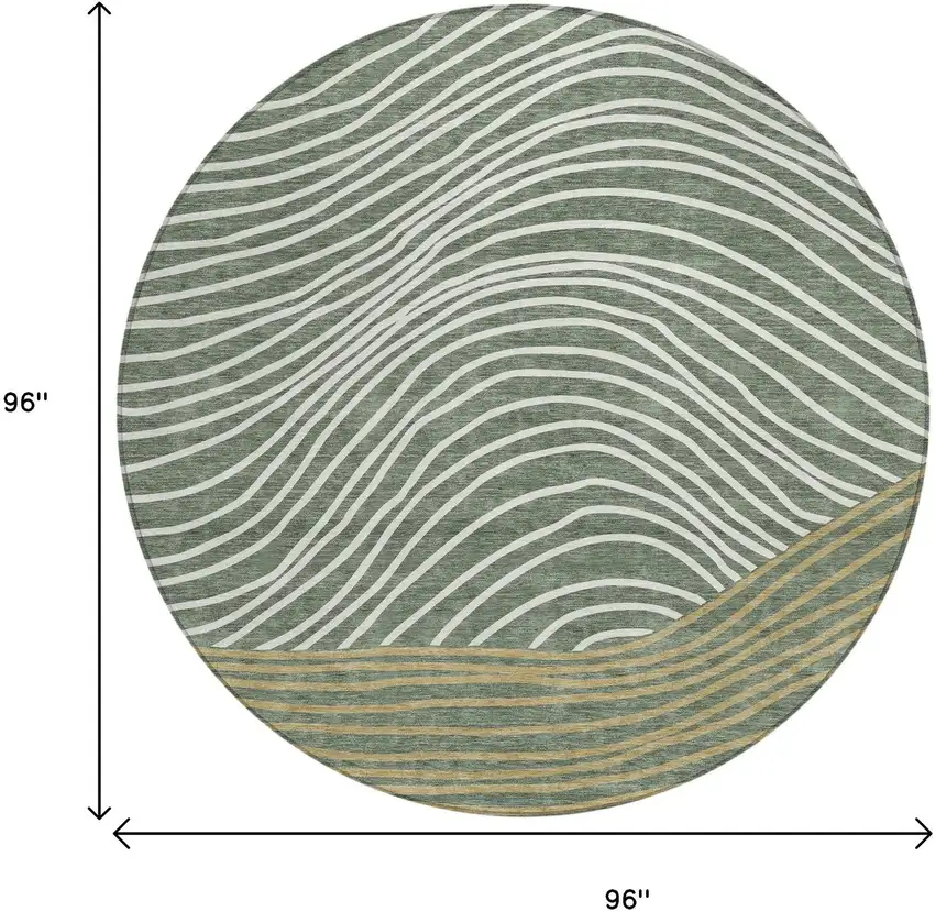8' Fern Green Ivory And Gold Round Striped Washable Indoor Outdoor Area Rug Photo 3