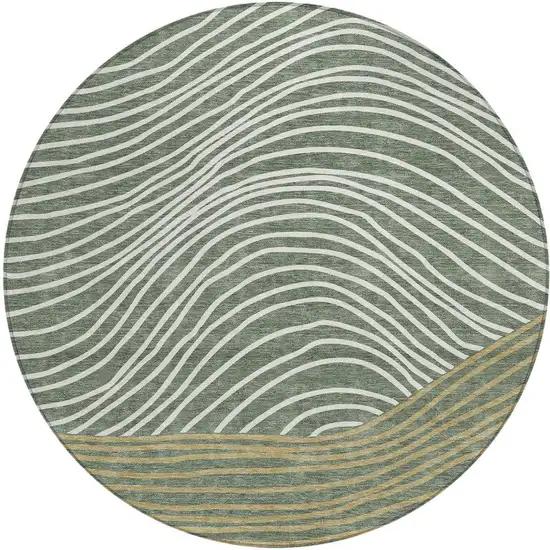 8' Fern Green Ivory And Gold Round Striped Washable Indoor Outdoor Area Rug Photo 4