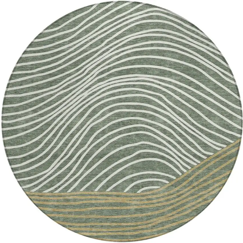 8' Fern Green Ivory And Gold Round Striped Washable Indoor Outdoor Area Rug Photo 4