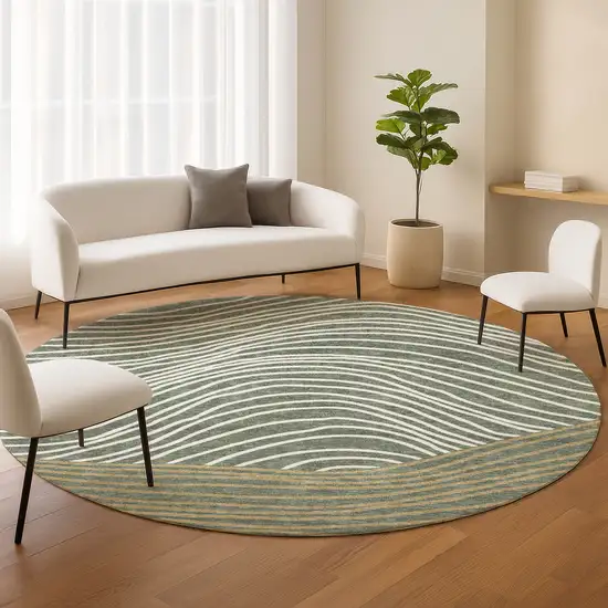 8' Fern Green Ivory And Gold Round Striped Washable Indoor Outdoor Area Rug Photo 9
