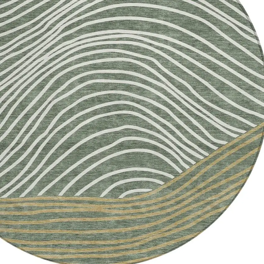 8' Fern Green Ivory And Gold Round Striped Washable Indoor Outdoor Area Rug Photo 7