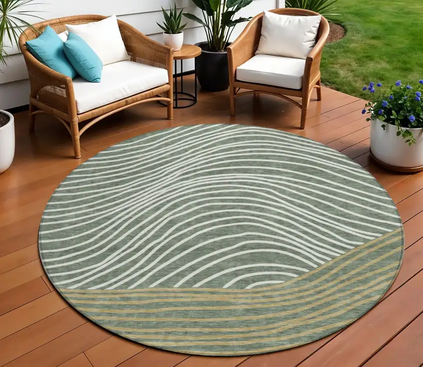 8' Fern Green Ivory And Gold Round Striped Washable Indoor Outdoor Area Rug Photo 1