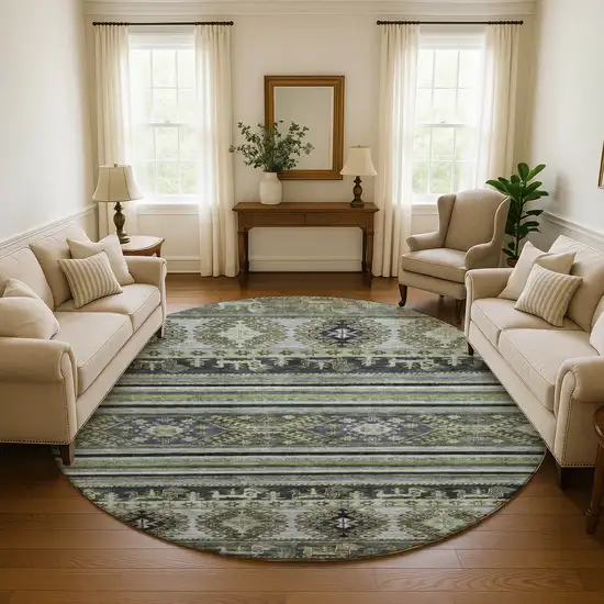 8' Fern Green Ivory And Gray Medallion Washable Round Rug With UV Protection Photo 4