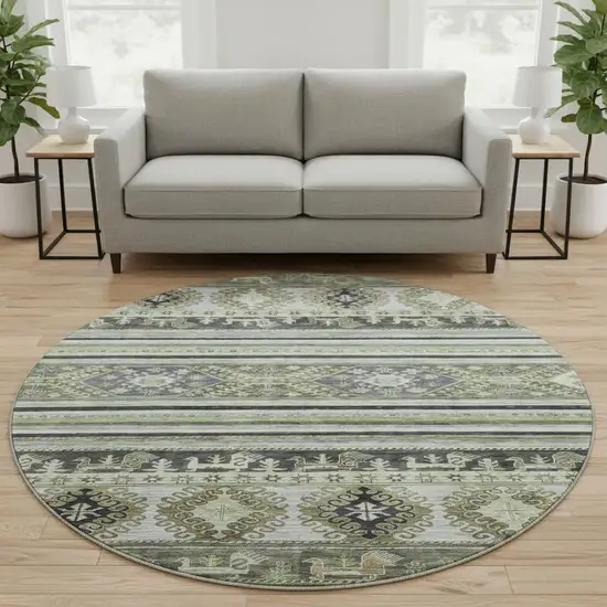 8' Fern Green Ivory And Gray Medallion Washable Round Rug With UV Protection Photo 2