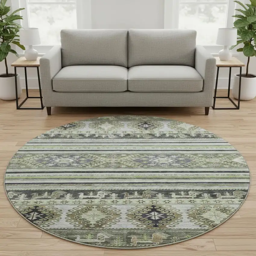 8' Fern Green Ivory And Gray Medallion Washable Round Rug With UV Protection Photo 2