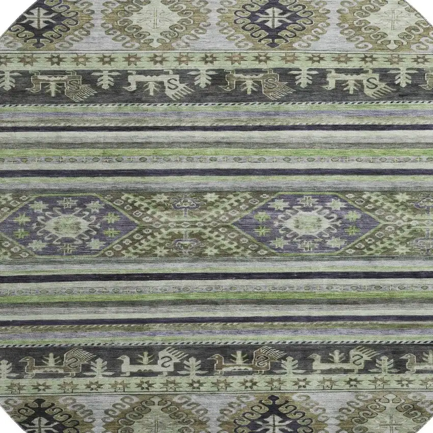 8' Fern Green Ivory And Gray Medallion Washable Round Rug With UV Protection Photo 2