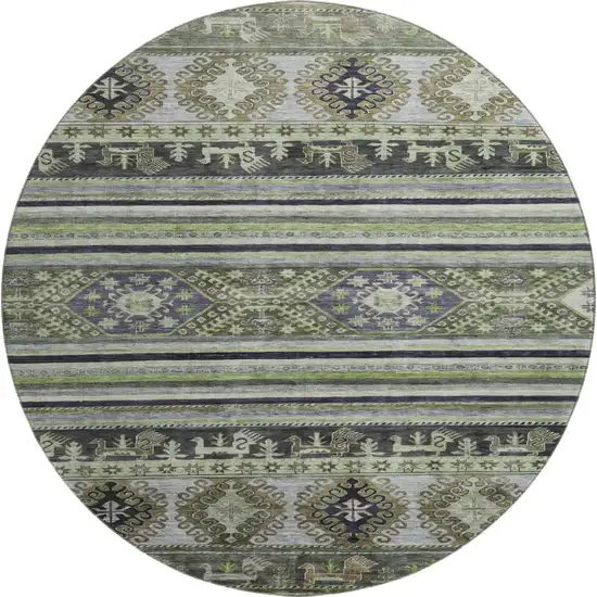 8' Fern Green Ivory And Gray Medallion Washable Round Rug With UV Protection Photo 1