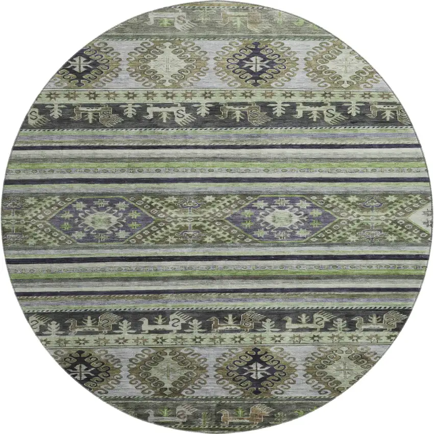 8' Fern Green Ivory And Gray Medallion Washable Round Rug With UV Protection Photo 1