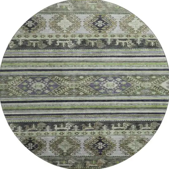 8' Fern Green Ivory And Gray Medallion Washable Round Rug With UV Protection Photo 3