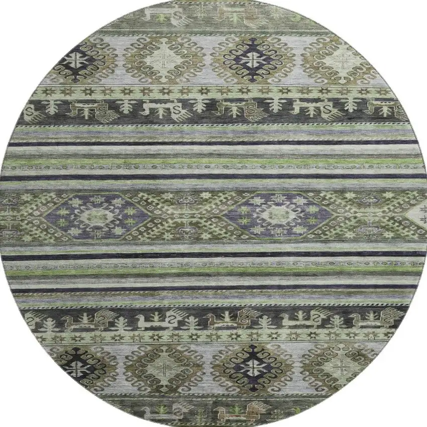 8' Fern Green Ivory And Gray Medallion Washable Round Rug With UV Protection Photo 3