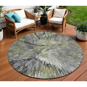 Photo of 8' Fern Green Ivory And Gray Round Abstract Washable Indoor Outdoor Area Rug
