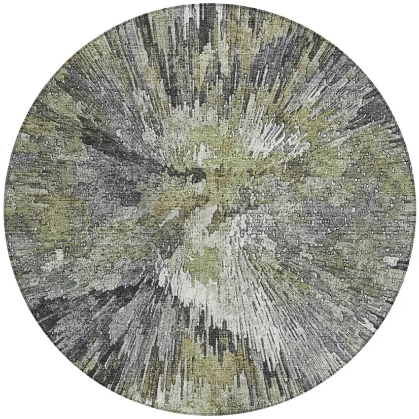 8' Fern Green Ivory And Gray Round Abstract Washable Indoor Outdoor Area Rug Photo 4