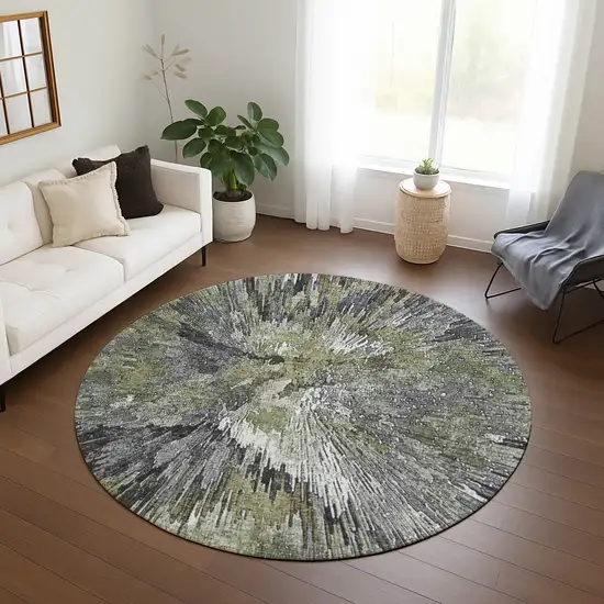 8' Fern Green Ivory And Gray Round Abstract Washable Indoor Outdoor Area Rug Photo 9