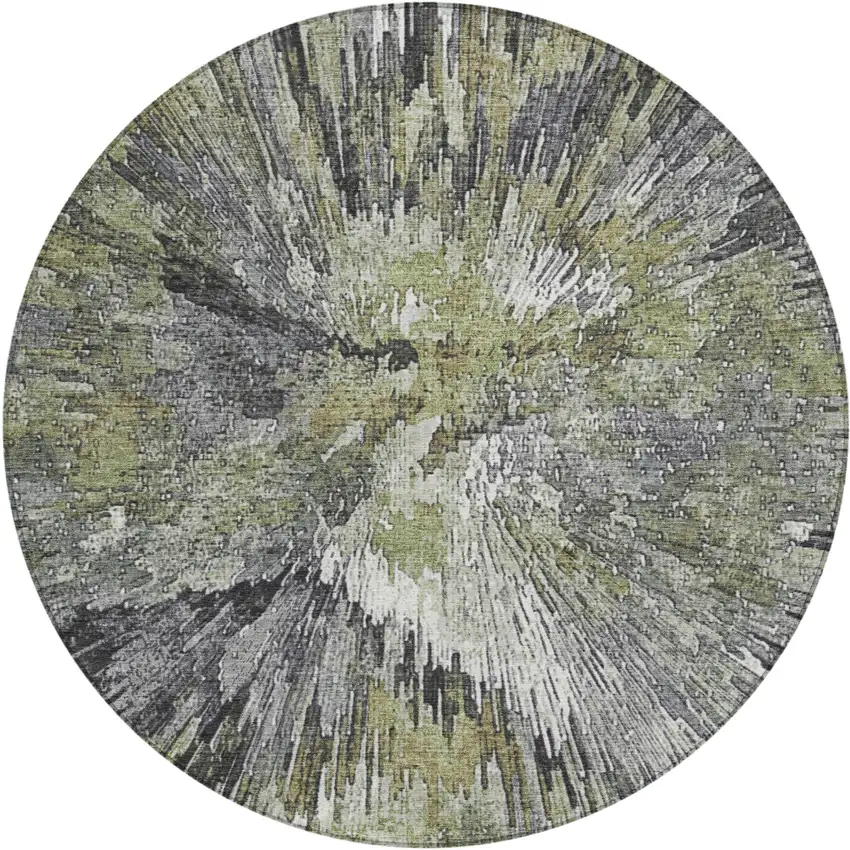 8' Fern Green Ivory And Gray Round Abstract Washable Indoor Outdoor Area Rug Photo 2