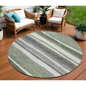 Photo of 8' Fern Green Ivory And Gray Round Striped Washable Indoor Outdoor Area Rug