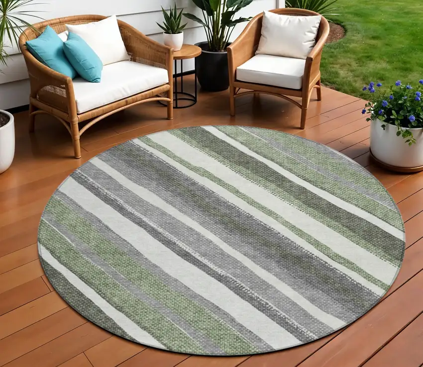 8' Fern Green Ivory And Gray Round Striped Washable Indoor Outdoor Area Rug Photo 1
