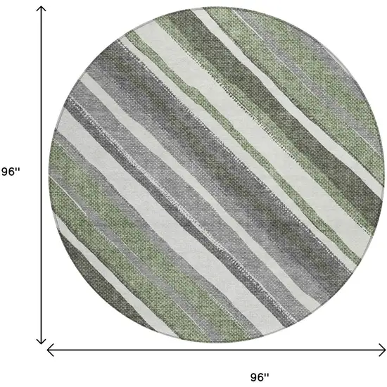 8' Fern Green Ivory And Gray Round Striped Washable Indoor Outdoor Area Rug Photo 3