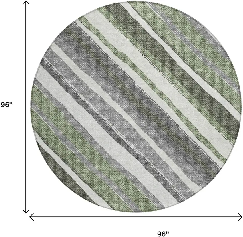 8' Fern Green Ivory And Gray Round Striped Washable Indoor Outdoor Area Rug Photo 3