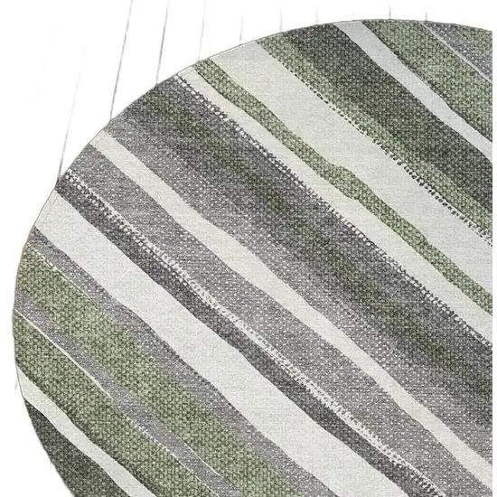 8' Fern Green Ivory And Gray Round Striped Washable Indoor Outdoor Area Rug Photo 6