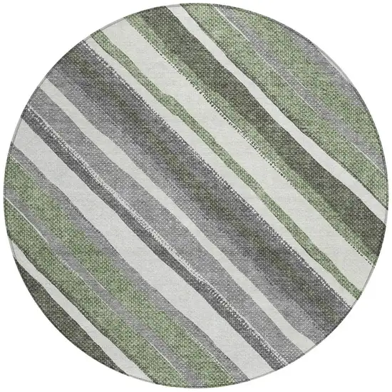 8' Fern Green Ivory And Gray Round Striped Washable Indoor Outdoor Area Rug Photo 4