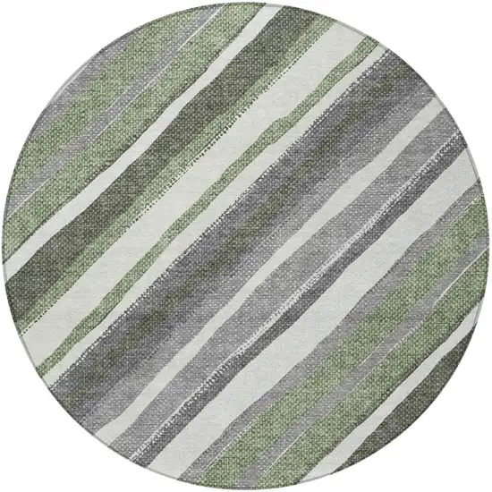 8' Fern Green Ivory And Gray Round Striped Washable Indoor Outdoor Area Rug Photo 5