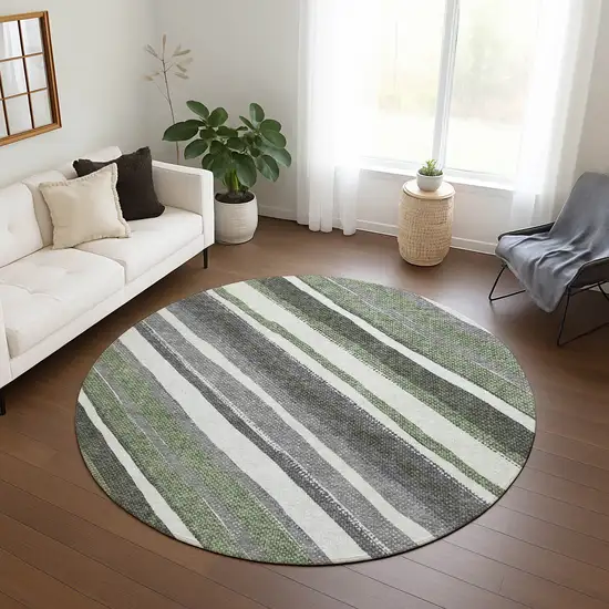 8' Fern Green Ivory And Gray Round Striped Washable Indoor Outdoor Area Rug Photo 9