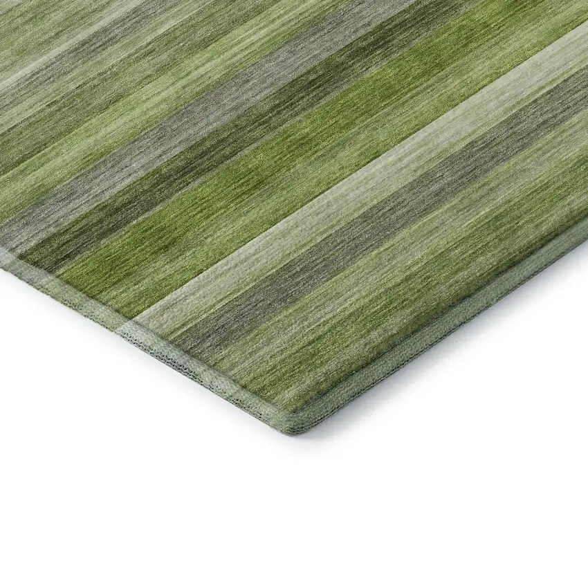 8' Fern Green Ivory And Gray Striped Washable Round Rug With UV Protection Photo 6