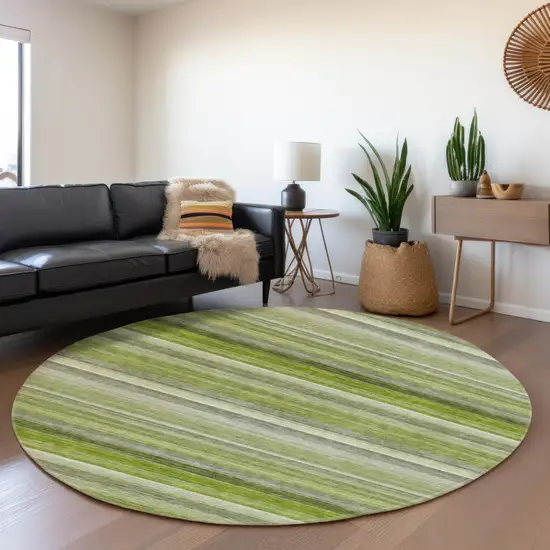 8' Fern Green Ivory And Gray Striped Washable Round Rug With UV Protection Photo 4