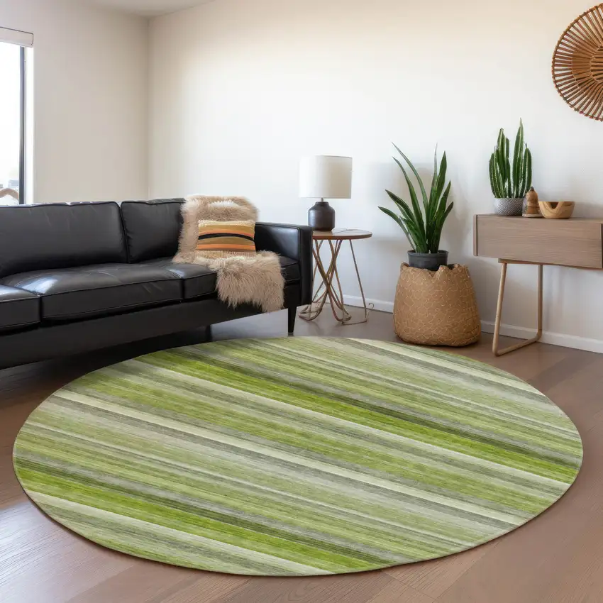 8' Fern Green Ivory And Gray Striped Washable Round Rug With UV Protection Photo 4