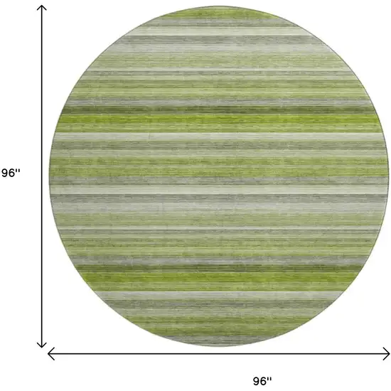 8' Fern Green Ivory And Gray Striped Washable Round Rug With UV Protection Photo 9