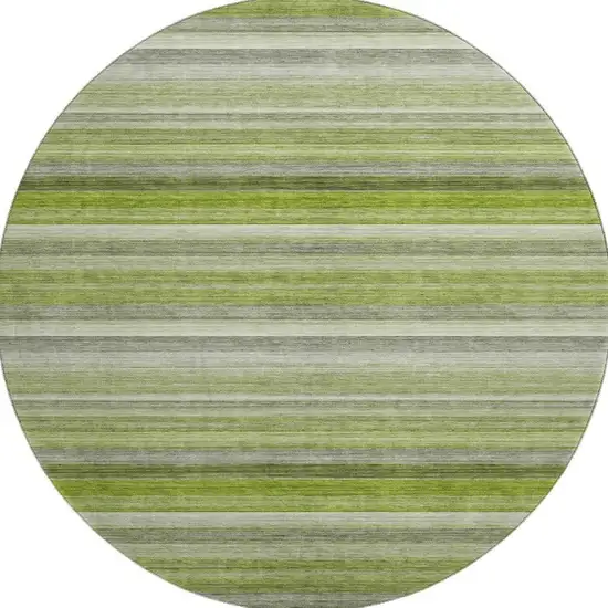 8' Fern Green Ivory And Gray Striped Washable Round Rug With UV Protection Photo 3