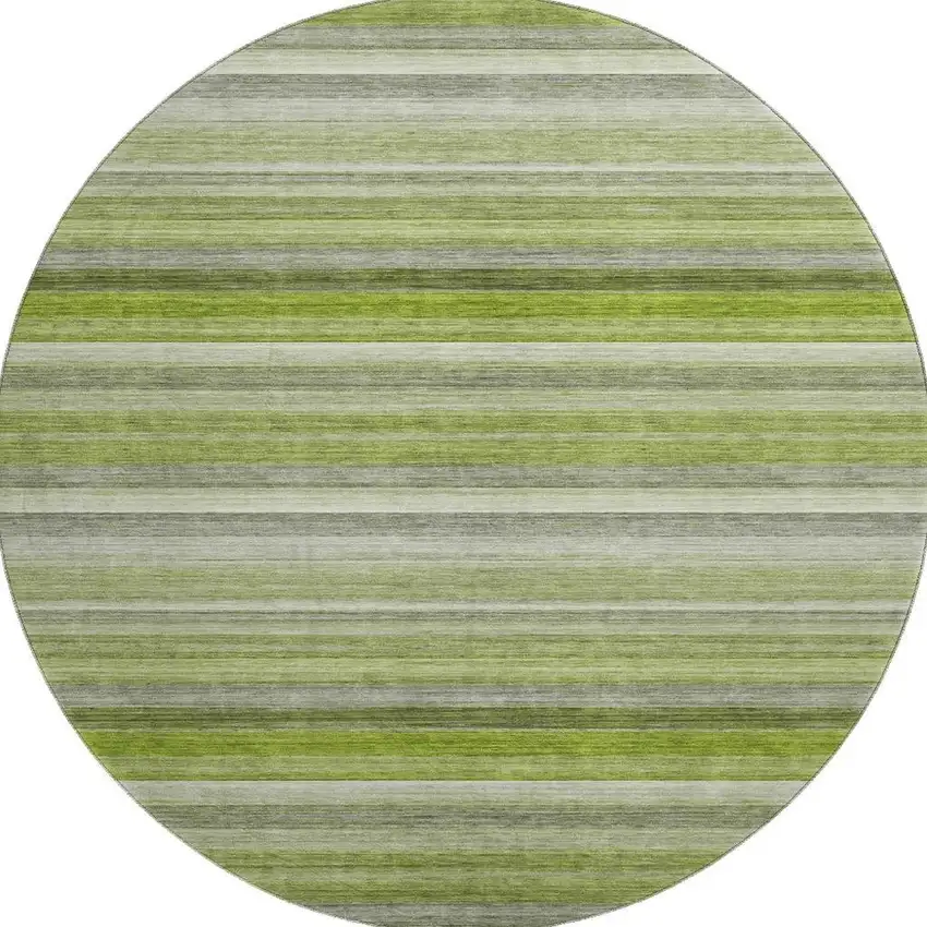 8' Fern Green Ivory And Gray Striped Washable Round Rug With UV Protection Photo 3