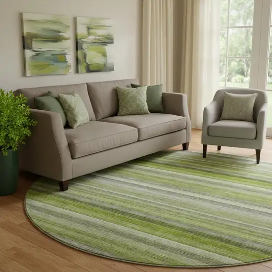 8' Fern Green Ivory And Gray Striped Washable Round Rug With UV Protection Photo 1