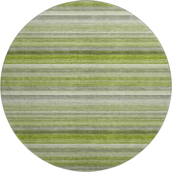8' Fern Green Ivory And Gray Striped Washable Round Rug With UV Protection Photo 1