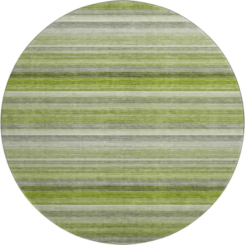 8' Fern Green Ivory And Gray Striped Washable Round Rug With UV Protection Photo 1