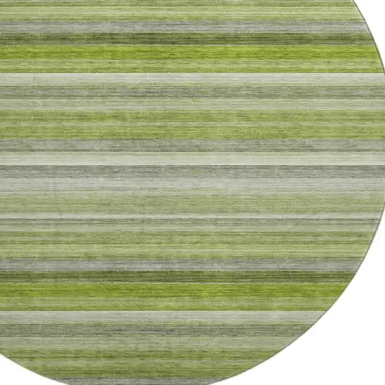 8' Fern Green Ivory And Gray Striped Washable Round Rug With UV Protection Photo 2