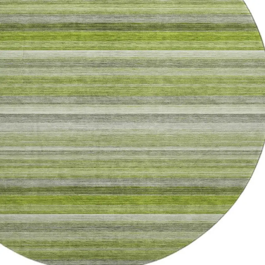 8' Fern Green Ivory And Gray Striped Washable Round Rug With UV Protection Photo 2