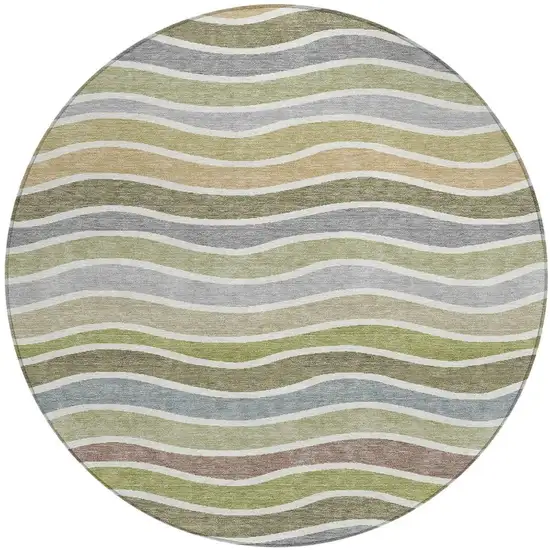 8' Fern Green Ivory And Wheat Round Striped Washable Indoor Outdoor Area Rug Photo 4