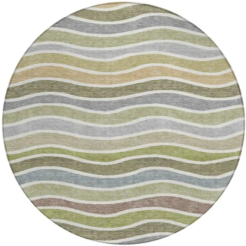 8' Fern Green Ivory And Wheat Round Striped Washable Indoor Outdoor Area Rug Photo 4