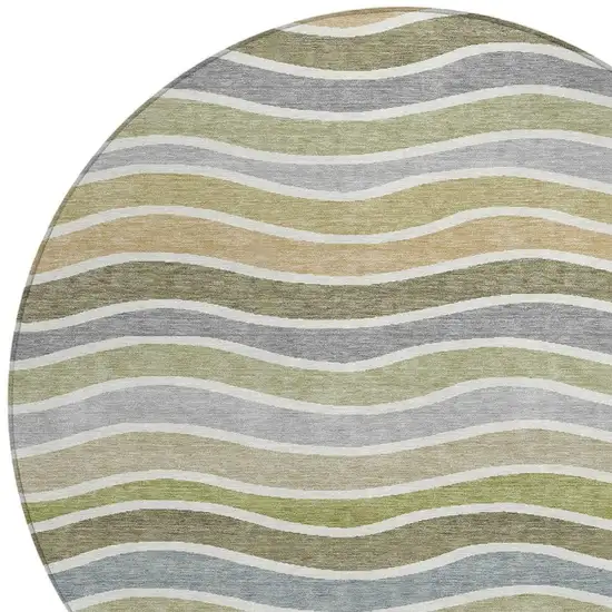 8' Fern Green Ivory And Wheat Round Striped Washable Indoor Outdoor Area Rug Photo 7