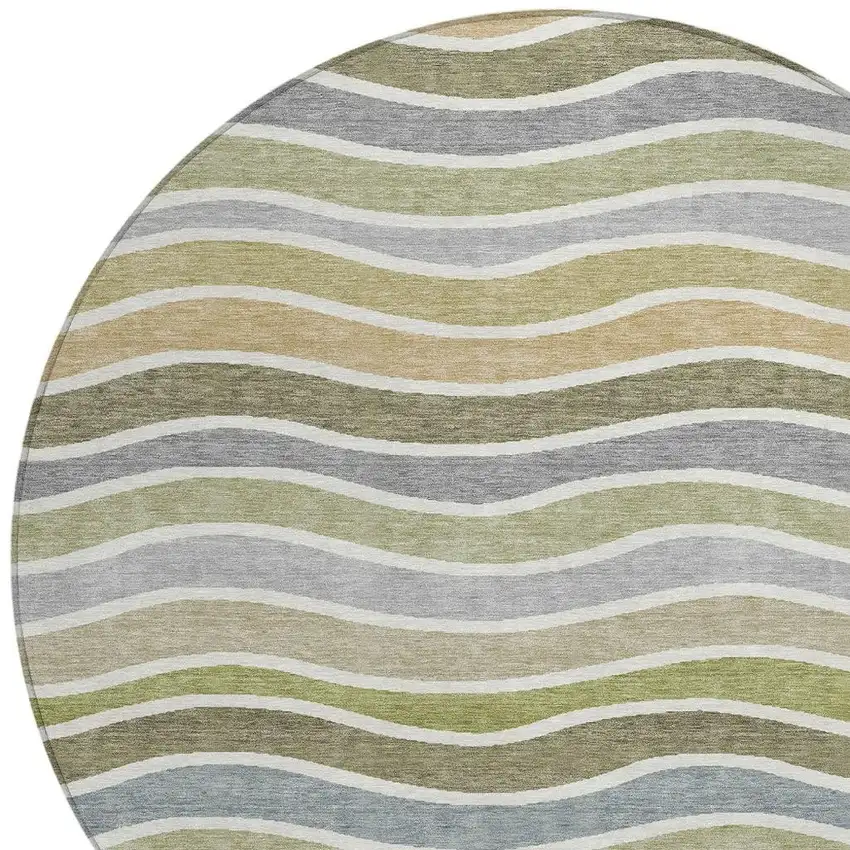 8' Fern Green Ivory And Wheat Round Striped Washable Indoor Outdoor Area Rug Photo 7