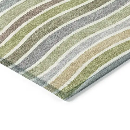 8' Fern Green Ivory And Wheat Round Striped Washable Indoor Outdoor Area Rug Photo 6