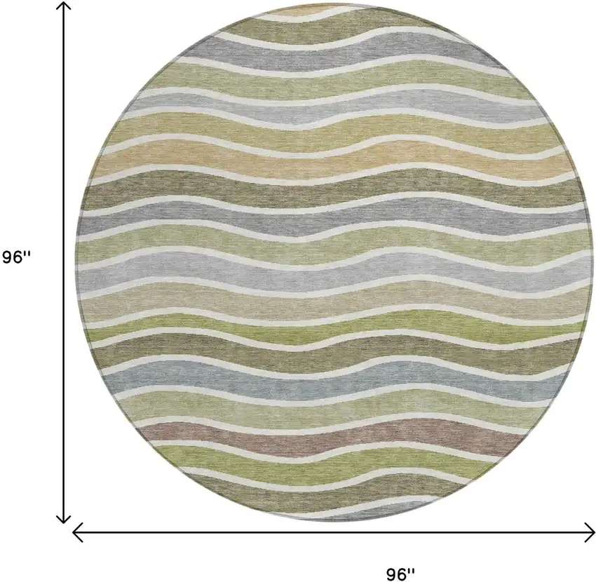 8' Fern Green Ivory And Wheat Round Striped Washable Indoor Outdoor Area Rug Photo 3