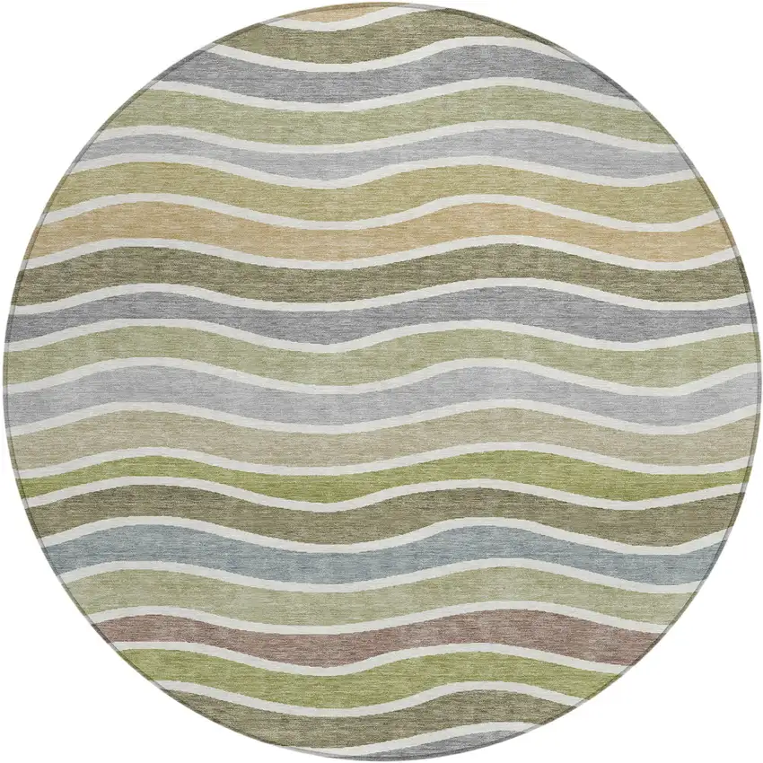 8' Fern Green Ivory And Wheat Round Striped Washable Indoor Outdoor Area Rug Photo 2