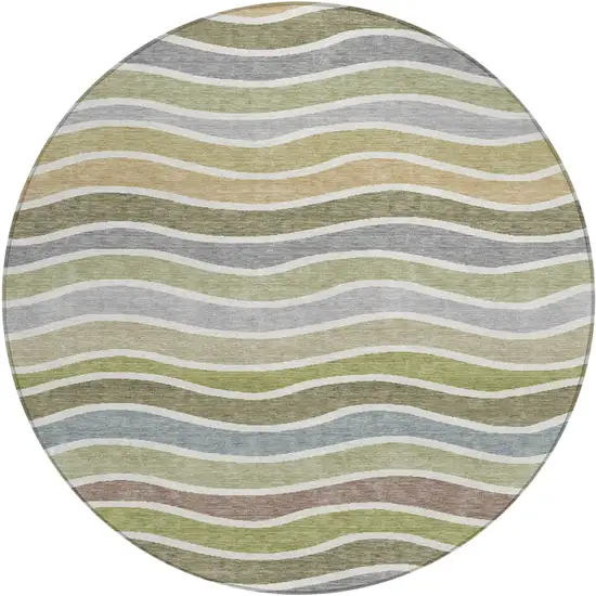 8' Fern Green Ivory And Wheat Round Striped Washable Indoor Outdoor Area Rug Photo 2