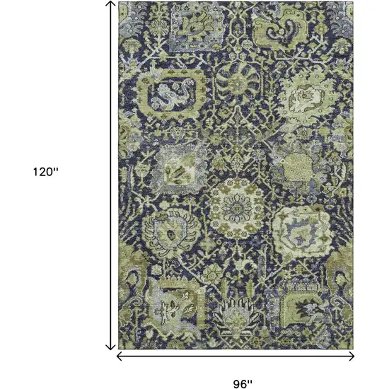 8' Fern Green Navy Blue And Ivory Damask Washable Area Rug With UV Protection Photo 8